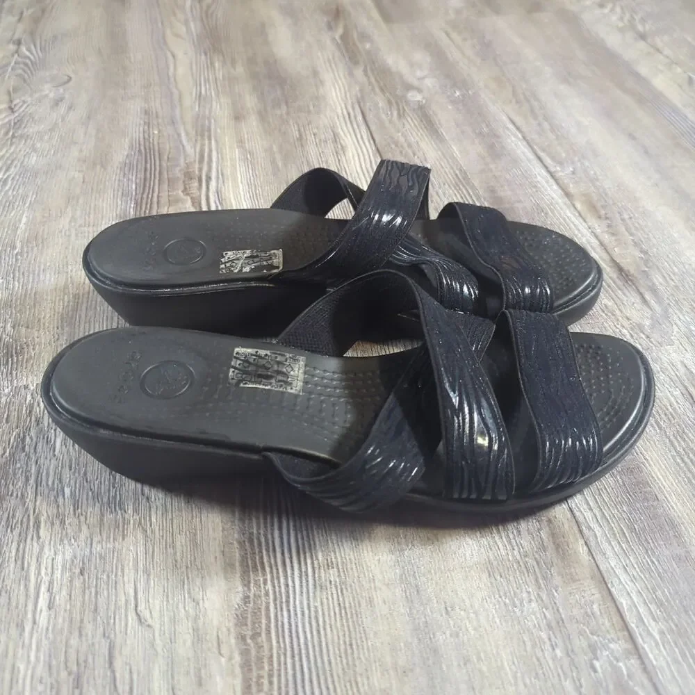 Crocs Sandals Women's Size 8 Molalla II Black Animal Print Criss Cross Wedge